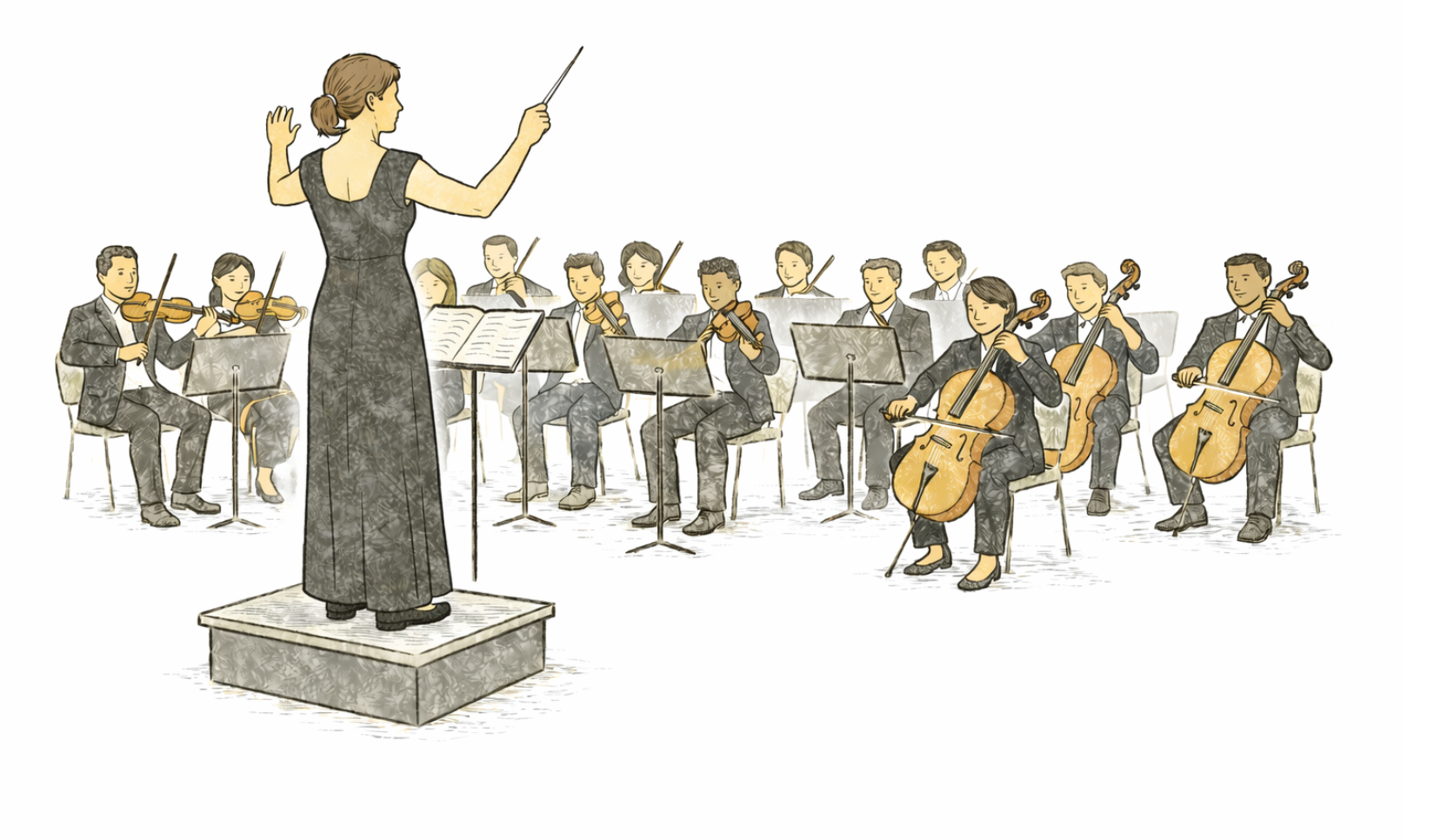 A conductor stands in front of her orchestra